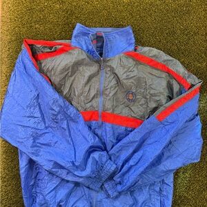 Men's Blue and Gray Windbreaker Jacket with Red Accents